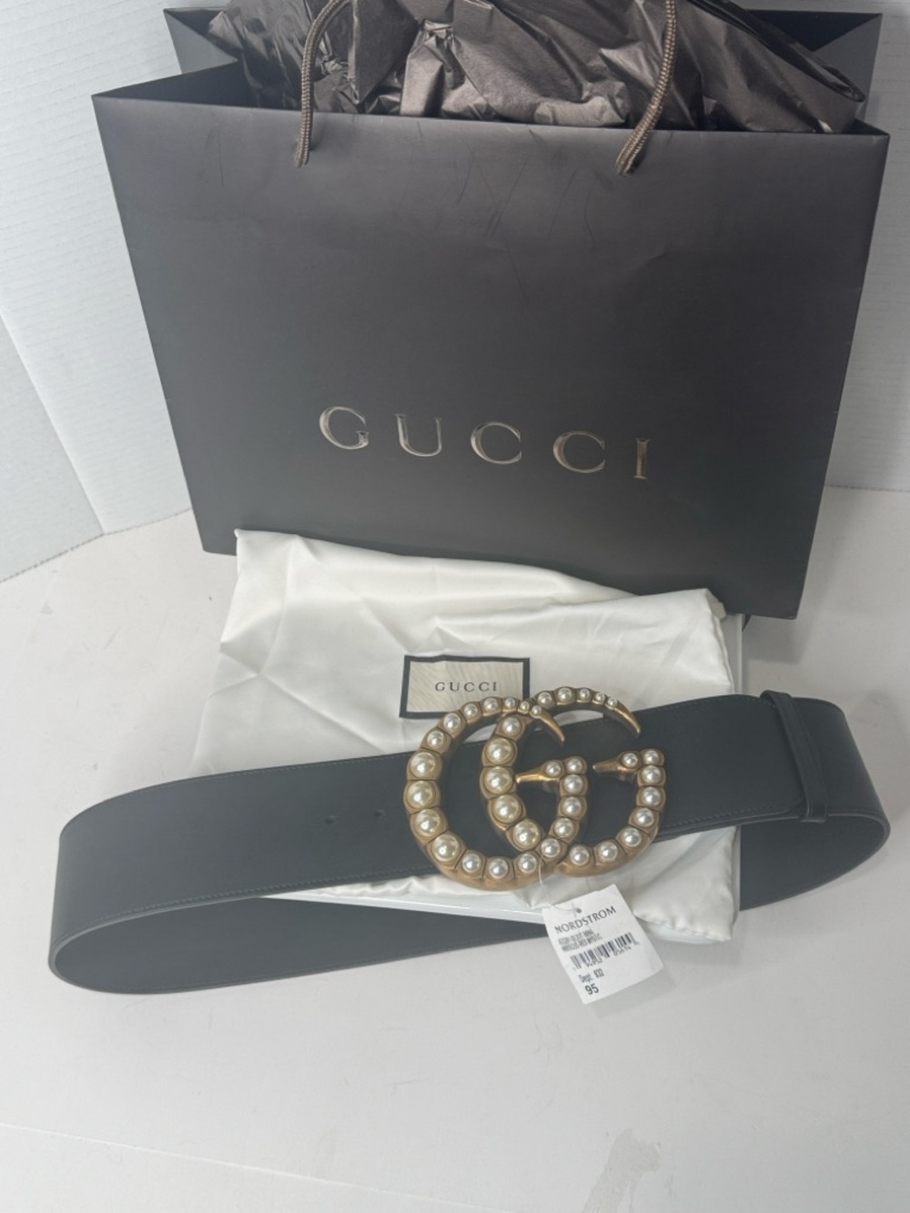 Gucci Jumbo Pearl GG Marmont Black Wide Leather Belt- NWT Size 95 - Picture 6 of 13